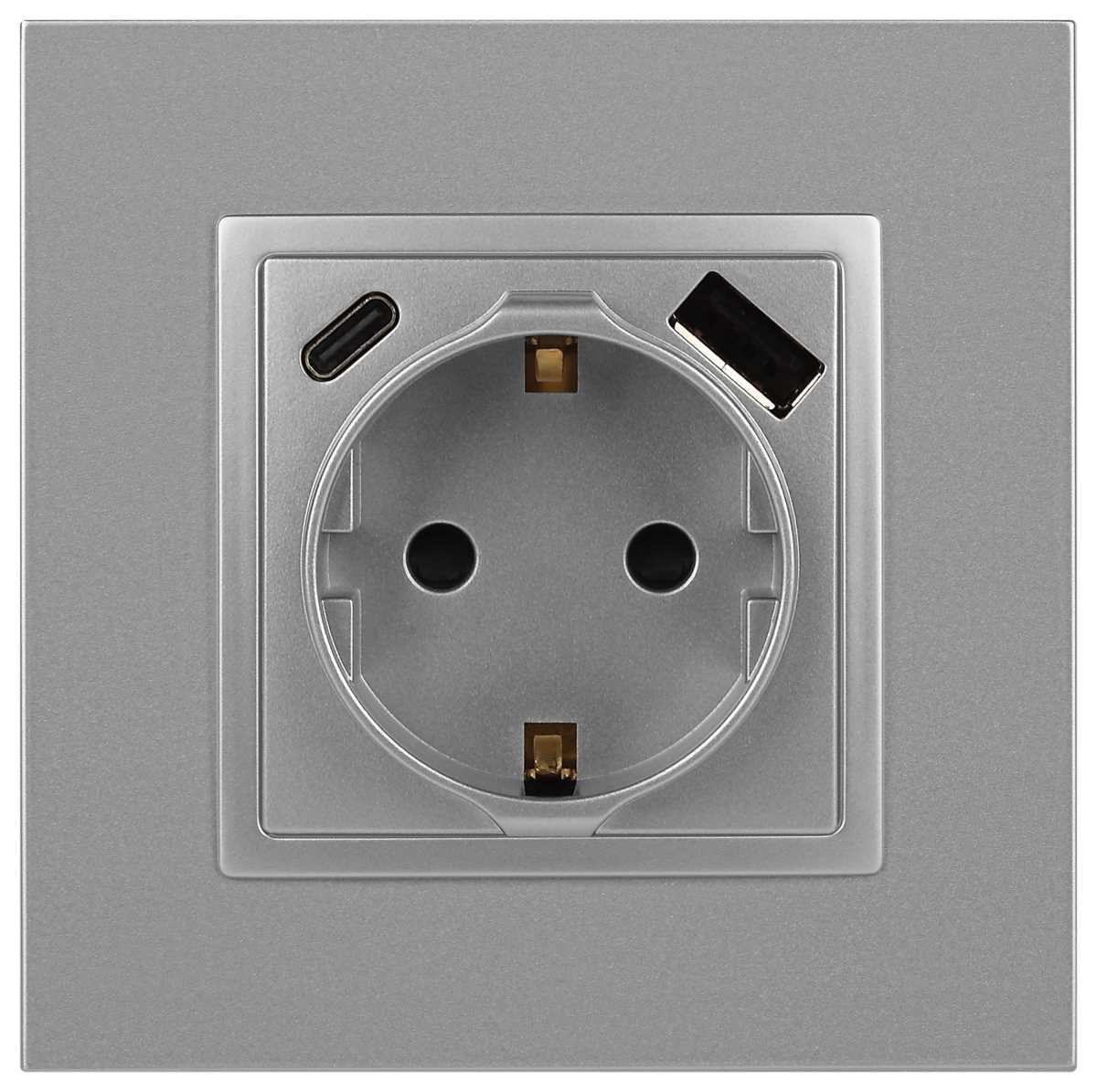 фото розетка эра elegance 14-4108-03 2p+e 16a-250в со шторками с usb type-a+c 5в-3а алюминий б0067741 | 220svet.ru
