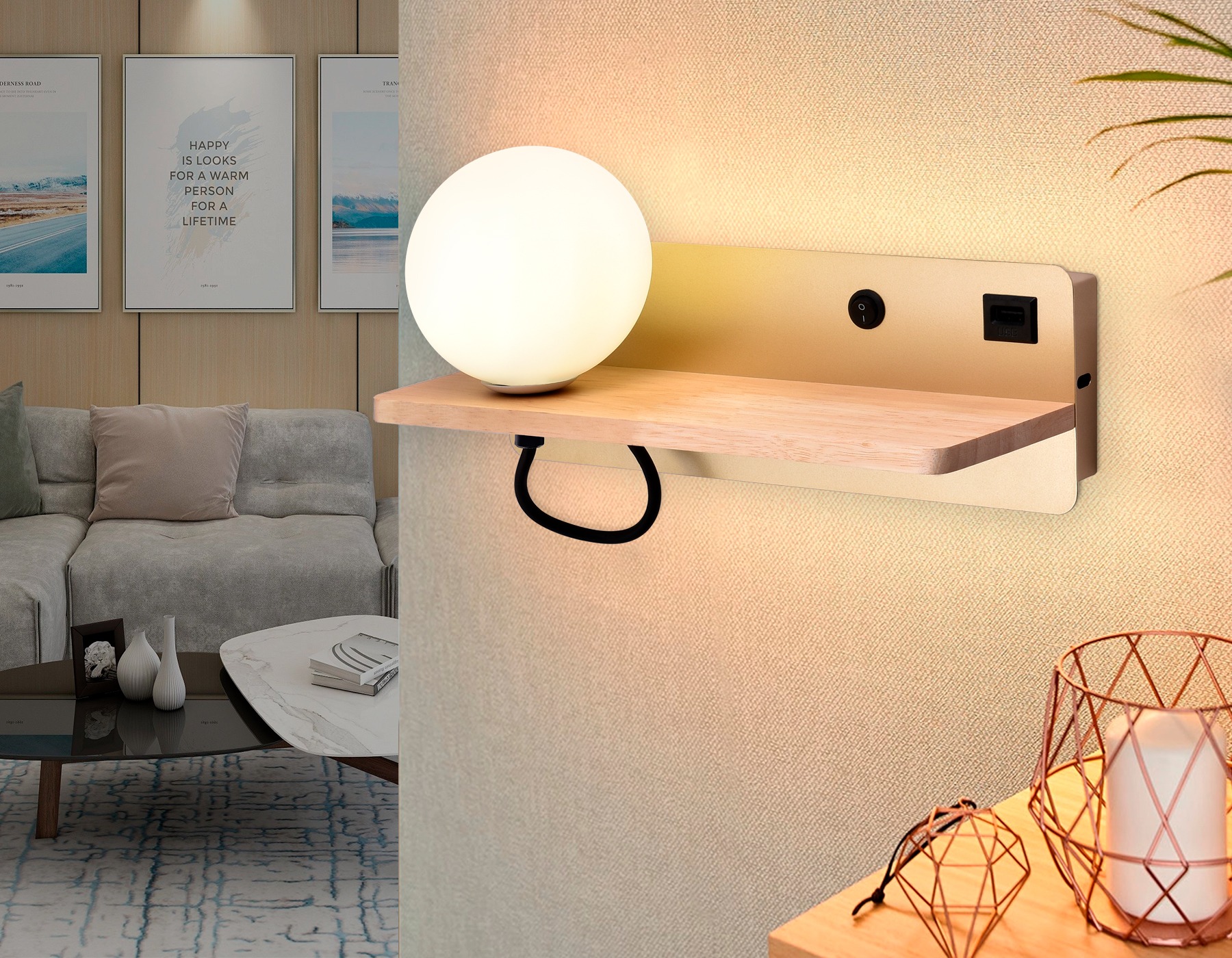 фото настенный светильник с выключателем, usb портом и полкой ambrella light fw520 | 220svet.ru