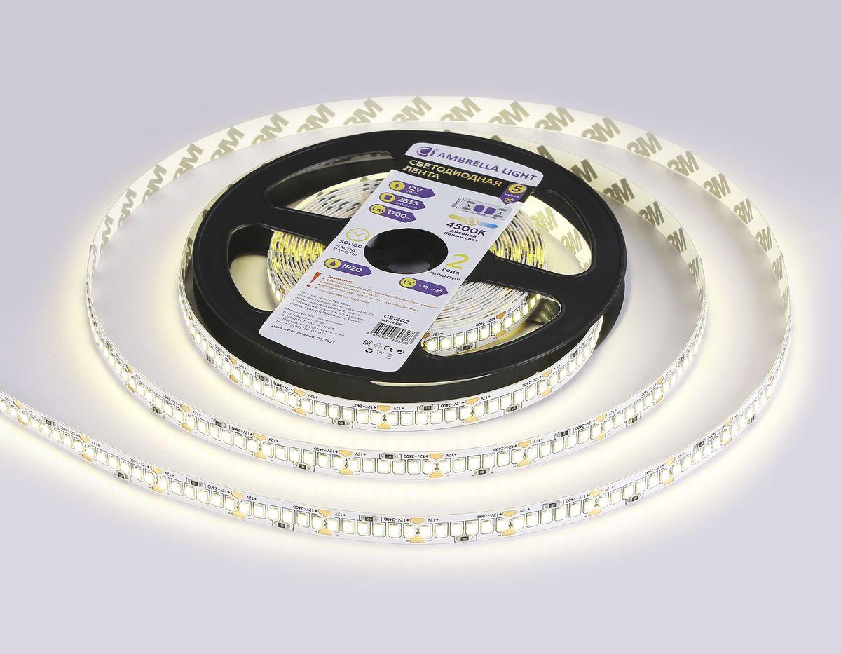 фото светодиодная лента дневной белый ambrella light 17w/m 240led/m 2835smd 4500к 5m gs1402 | 220svet.ru